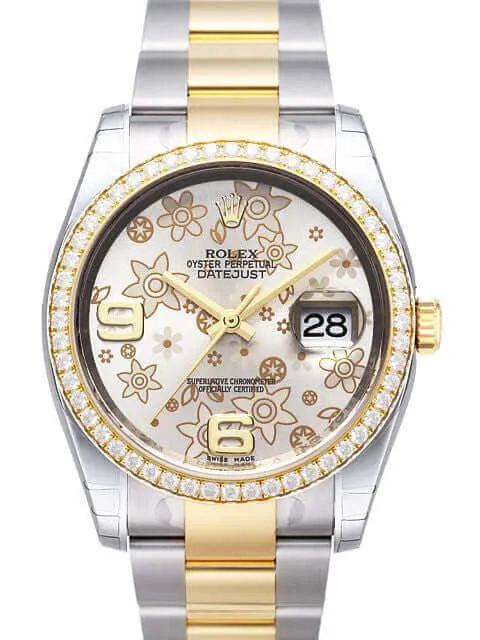 Rolex Datejust 36 Edelstahl Gelbgold Diamant Lünette 116243 Silber Floral