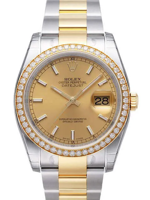 Rolex Datejust 36 Edelstahl Gelbgold Diamant Lünette 116243 Champagner