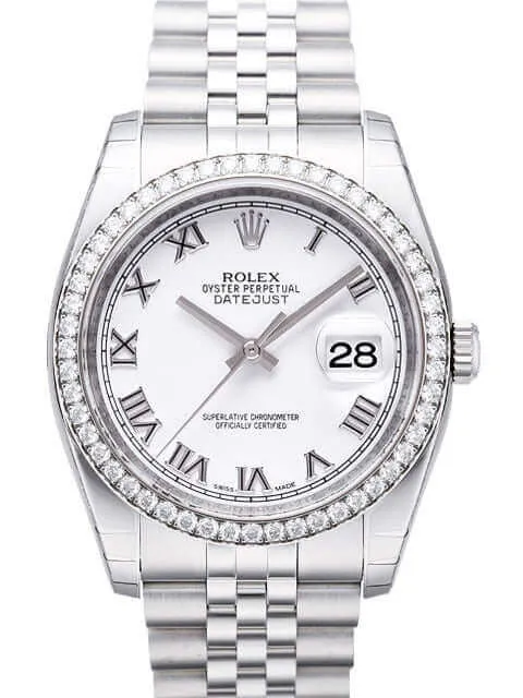Rolex Datejust 36 Edelstahl Weißgold Diamant Lünette 116244 Weiß R Jub