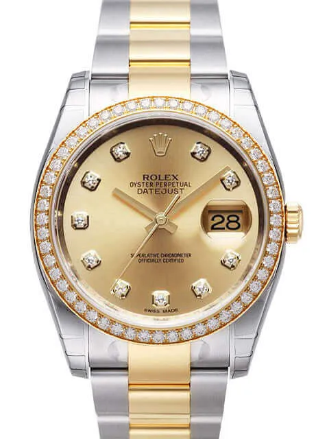 Rolex Datejust 36 Edelstahl Gelbgold Diamant Lünette 116243 Champagner DIA