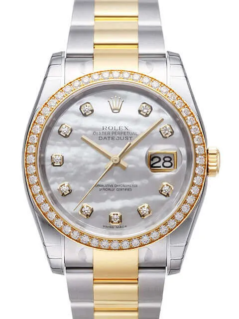 Rolex Datejust 36 Edelstahl Gelbgold Diamant Lünette 116243 Perlmutt DIA