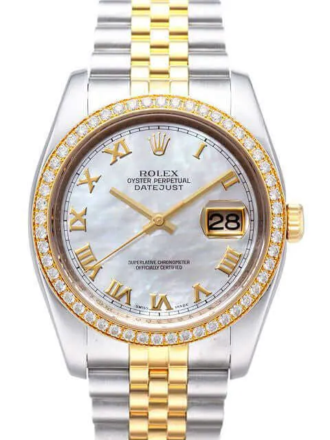 Rolex Datejust 36 Edelstahl Gelbgold Diamant Lünette 116243 Perlmutt R Jub