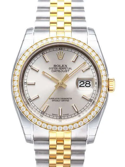 Rolex Datejust 36 Edelstahl Gelbgold Diamant Lünette 116243 Silber