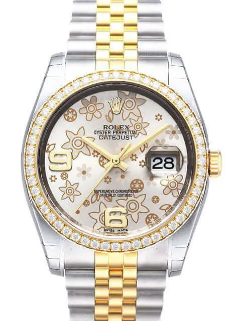 Rolex Datejust 36 Edelstahl Gelbgold Diamant Lünette 116243 Silber Floral