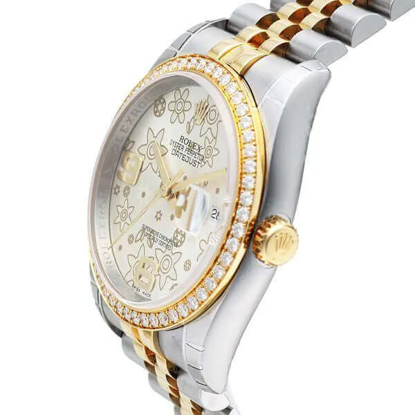 Rolex Datejust 36 Edelstahl Gelbgold Diamant Lünette 116243 Silber Floral