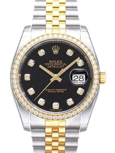 Rolex Datejust 36 Edelstahl Gelbgold Diamant Lünette 116243 Schwarz DIA Jubilé