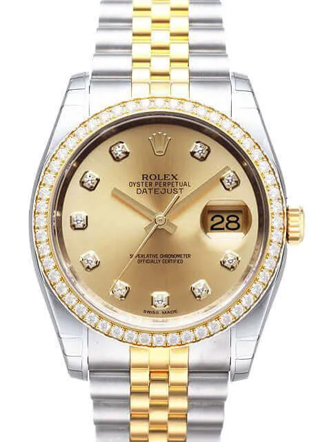 Rolex Datejust 36 Edelstahl Gelbgold Diamant Lünette 116243 Champagner DIA Jubilé
