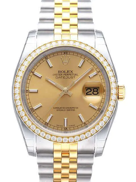 Rolex Datejust 36 Edelstahl Gelbgold Diamant Lünette 116243 Champagner Jub