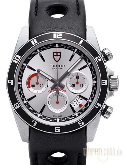 Tudor Grantour Chronograph 20530N Zifferblatt Silber gelochtes schwarzes Lederband