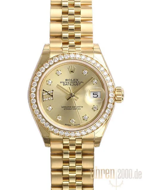 Rolex Lady-Datejust 28 Gelbgold 279138 RBR Champagner DIA Jubile-Band