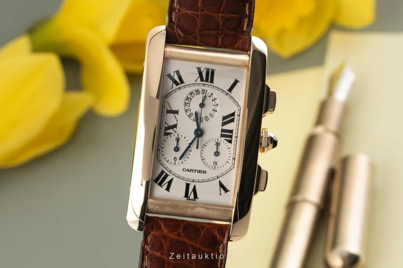 Cartier Tank Américaine chronograph 18 ct gold quartz men's watch W2601156, 1730 [2400299]