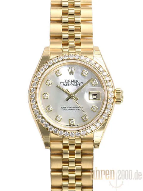 Rolex Lady-Datejust 28 Gelbgold 279138 RBR Perlmutt Diamant Jubile-Band