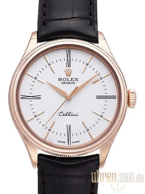 Rolex Cellini Time Everose-Gold 50505 silberfarbenes Zifferblatt mit schwarzem Lederband