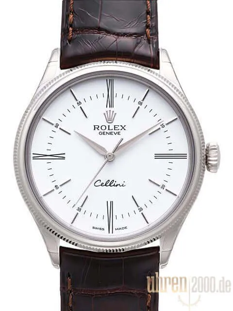 Rolex Cellini Time 50509 Zifferblatt Weiß Lederband Braun