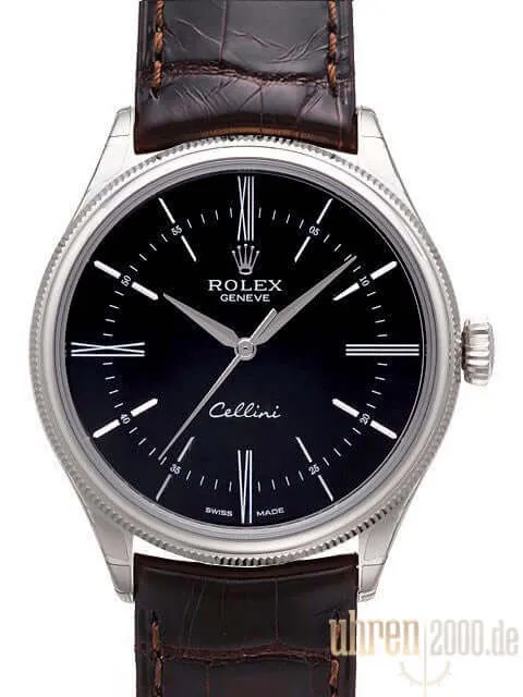 Rolex Cellini Time 50509 Zifferblatt Schwarz Lederband Braun